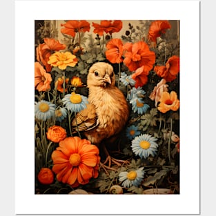 Retro Vintage Art Style Baby Chick in Field of Wild Flowers - Whimsical Farm Posters and Art